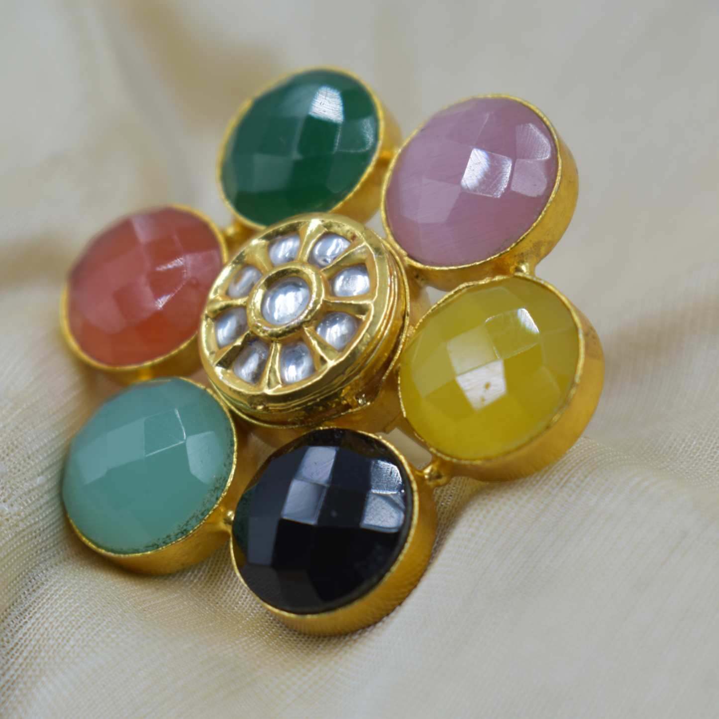 Goldplated multi colour flower stone ring
